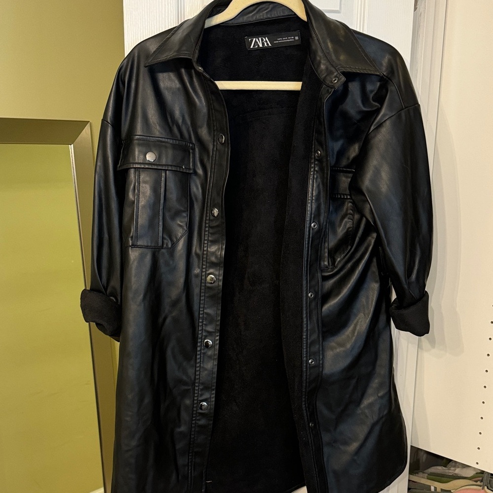 Zara Black Faux Leather Shirt Jacket